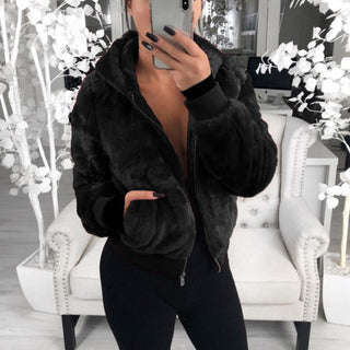 Buy black Wholesale High Quality Solid Color Hooded Imitation Fur Coat Winter Plus Size Women&#39;s Coats