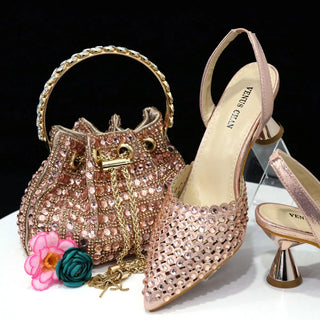 Buy champagne Diamond Pointed Toe Wedding Shoe and Bag Set for Party