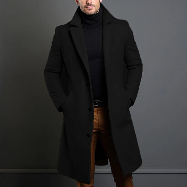 Atutumn Winter Long Warm Wool Trench Coat for Men Solid Color Single Breasted Luxury Wool Blends-Overcoat Tops Coats Clothing