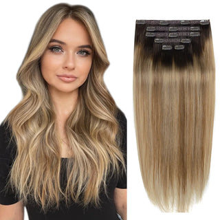 Buy ot2-18-22 BHF Clip in Human Hair Extensions Remy Natural Hair Clip in Extensions Highlighted Golden Blonde Straight Human Hair Extensions