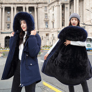 Buy navy-blue 2021 New Cotton Thicken Warm Winter Jacket Coat Women Casual Parka Winter Clothes Fur Lining Hooded Parka Mujer Coats