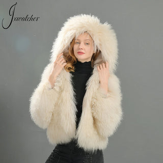 Jxwatcher Winter Coat for Women Real Mongolian Sheep Fur Coats With Hood Fashion Thick Warm Jacket Ladies Fall Natural Fur Coat