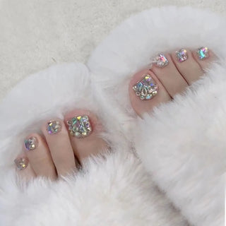 Buy style31 24pcs Blue Color Japanese Summer Wearable Foot Fake Nail Short Length Paillette Faux Rhinestone Decor Finished Press on Toenails