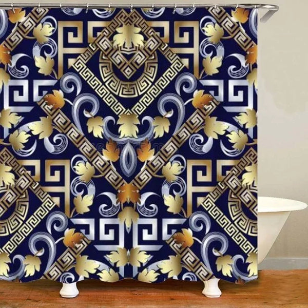 3D Luxury Black Gold Greek Key Meander Baroque Bathroom Curtains Shower Curtain Set for Bathroom Modern Geometric Bath Rug Decor