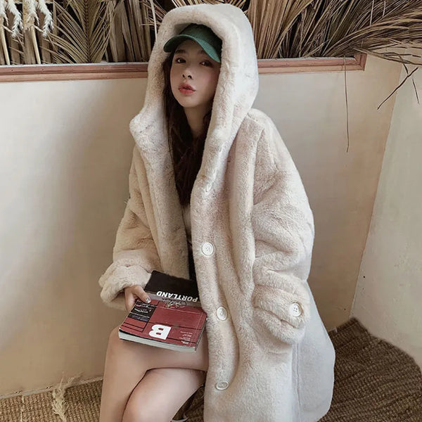 2021 New Winter Women Faux Rabbit Fur Coat  Loose Long Fur Coat Large Size Hooded OverCoat Thick Warm Female Plush Coats