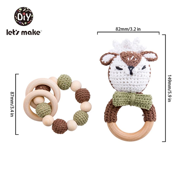 Let's Make Baby Rattles Set Crochet Animal Elk Amigurumi Elephant Baby Teether Wooden Pacifier ChainBPA Free Nursing Rattle Toys