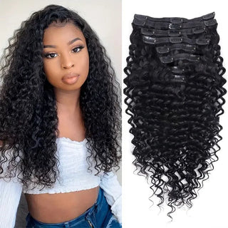 Clip in Hair Extensions 100% Human Hair Water Deep Wave Burmese Weft Clip Ins Extensions Curly 120g 8Pcs/Set Natural Black Color