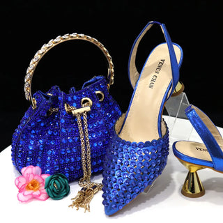 Buy blue Diamond Pointed Toe Wedding Shoe and Bag Set for Party