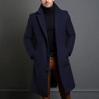 Buy navy-blue Atutumn Winter Long Warm Wool Trench Coat for Men Solid Color Single Breasted Luxury Wool Blends-Overcoat Tops Coats Clothing