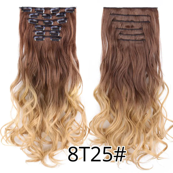 Alileader 22Inch Synthetic Long Curly 16Clips Clip in Hair Extensions Body Wave Hairpiece 6Pcs Resistant Fiber Ombre Blond Women