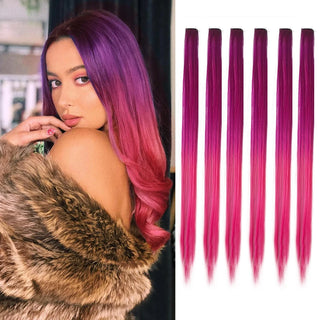 Buy b8-6pcs Clip in Hair Extensions 6pcs/Pack Colored Party Highlights 22 Inches Multi-Colors Straight Hair Synthetic Hairpieces Purple Pink