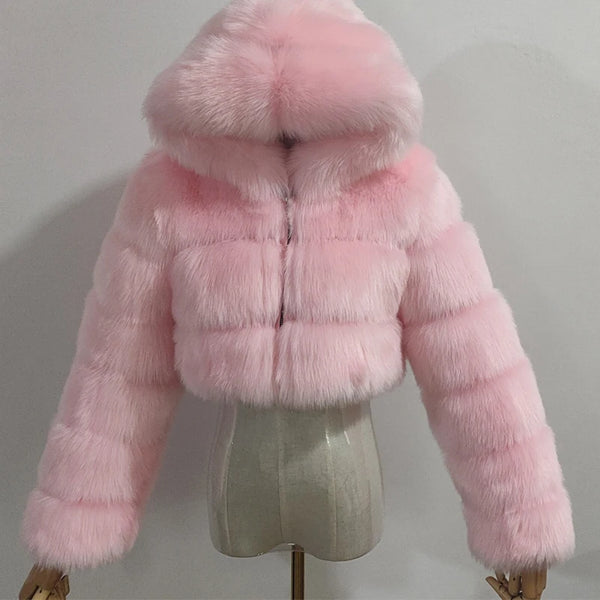 High Quality Furry Cropped Faux Fur Coats and Jackets Women Fluffy Top Coat With Hooded Winter Fur Jacket Manteau Femme