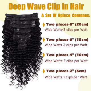 Clip in Hair Extensions 100% Human Hair Water Deep Wave Burmese Weft Clip Ins Extensions Curly 120g 8Pcs/Set Natural Black Color