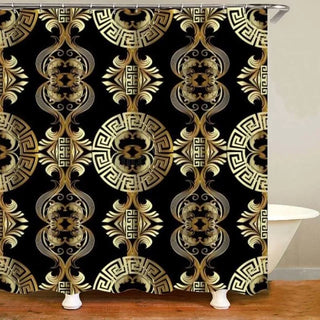 Buy only-shower-curtain2 3D Luxury Black Gold Greek Key Meander Baroque Bathroom Curtains Shower Curtain Set for Bathroom Modern Geometric Bath Rug Decor