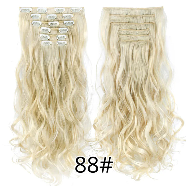 Alileader 22Inch Synthetic Long Curly 16Clips Clip in Hair Extensions Body Wave Hairpiece 6Pcs Resistant Fiber Ombre Blond Women