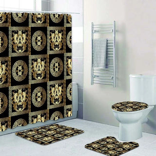 Buy 4pcs-set7 3D Luxury Black Gold Greek Key Meander Baroque Bathroom Curtains Shower Curtain Set for Bathroom Modern Geometric Bath Rug Decor