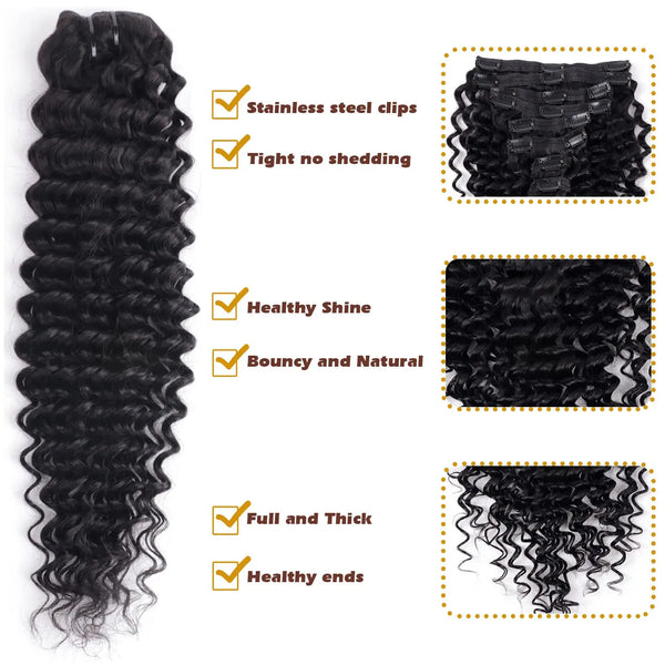 Deep Wave Clip Ins Human Hair Extensions for Women 8Pcs Extensions Real Human Hair Curly Thick to Ends With 120g/Set