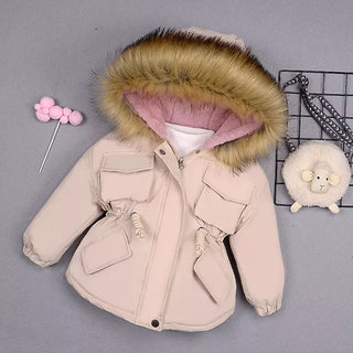 Buy beige Autumn Winter Fur Collar Children Thick Warm Jackets for Girls Warm Kids Down Coats for Girl 2-8 Years Outerwear Kids Clothing