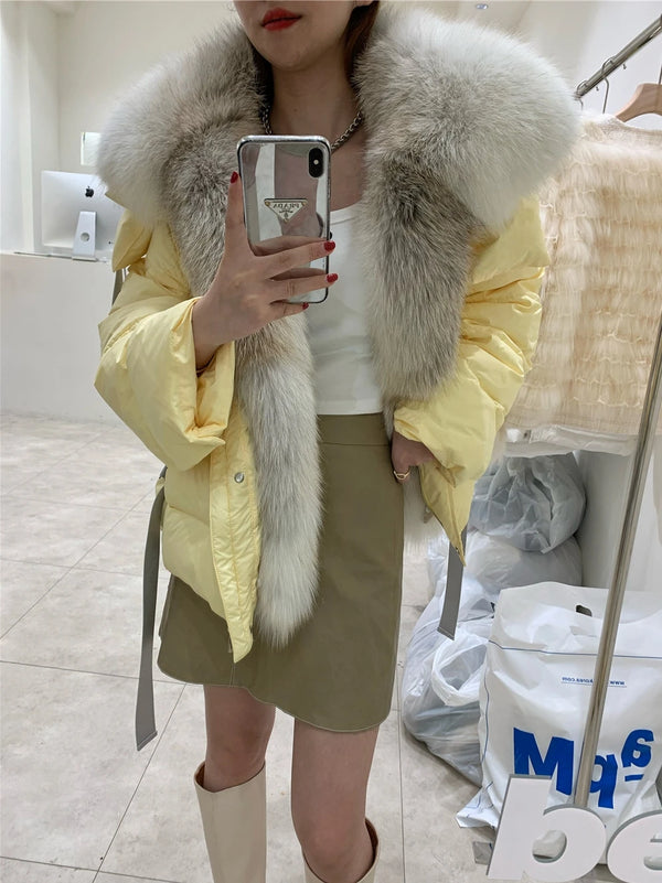 2023 Women Winter  Coat Real Big Fox Fur Collar With Goose Down Jacket Trim Light Autumn Outwear High Quality Lady Coats