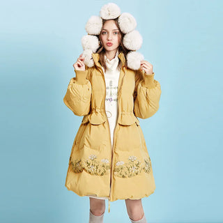 Buy yellow ARTKA 2019 Winter New Women Flower Embroidery 90% White Duck Down Coat Fox Fur Collar Hooded Thicken Long Down Coats ZK10698D