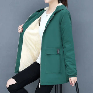 Buy dark-green 4XL Women Windbreaker Winter Autumn Women&#39;s Fleece Jacket Coats Loose Hooded Mid Long Overcoat Zipper Pocket Female Basic Coat