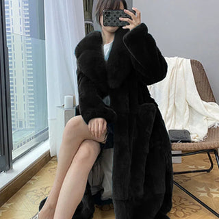 2023 Plus Size 5xl Winter Coat Women Fashion Belt X Long v Neck Thick Warm Faux Fox Fur Winter Coats for Women  B051