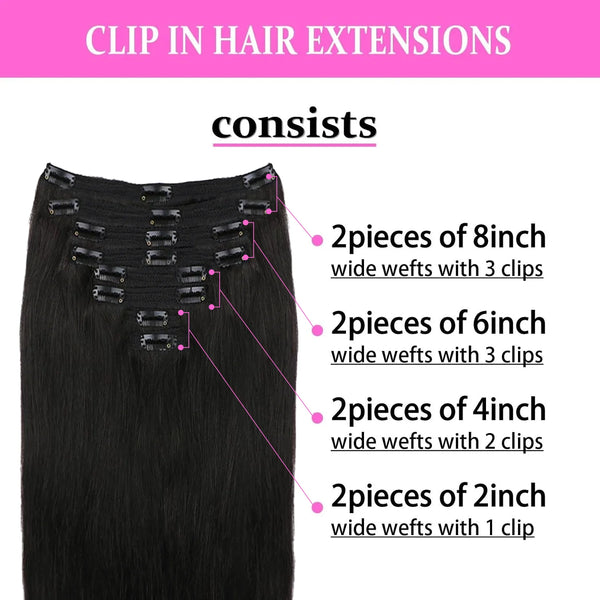 Clip in Hair Extensions Human Hair Brazilian Virgin Hair Natural Straight Seamless Clip on Hair Extensions Invisible Clip Ins 1B