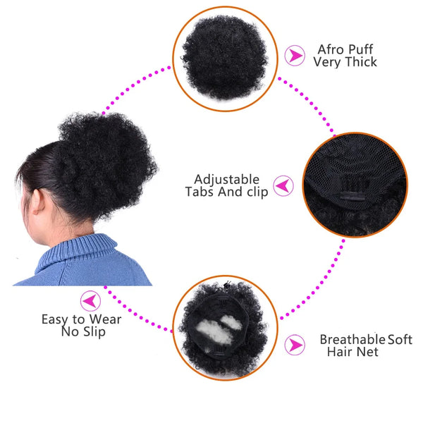 8inch Afro Puff Synthetic Hair Bun Chignon Hairpiece for Women Wig Drawstring Ponytail Kinky Curly Clip in Extensions Pony Tail