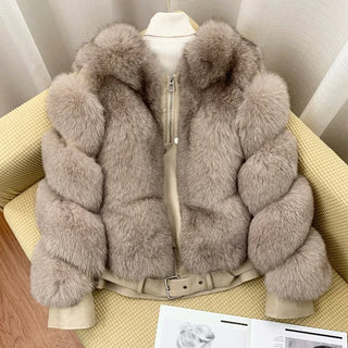 Buy khaki BFFUR Winter Fashion Real Fox Fur Coats for Women Locomotive Style Genuine Sheep Leather Jacket Natural Fox Fur Coat Female 2022