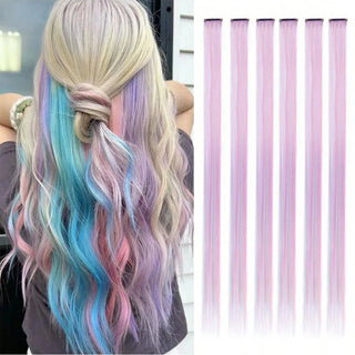 Buy mix1-6pcs Clip in Hair Extensions 6pcs/Pack Colored Party Highlights 22 Inches Multi-Colors Straight Hair Synthetic Hairpieces Purple Pink