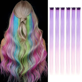 Buy b2-6pcs Clip in Hair Extensions 6pcs/Pack Colored Party Highlights 22 Inches Multi-Colors Straight Hair Synthetic Hairpieces Purple Pink