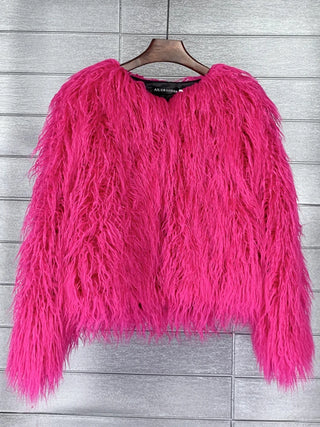 Buy rose-red Colorful Boho Furry Faux Fur Coat Women Fur Coats Autumn Winter Pink White Shaggy Faux Fur Jacket Tops Festival Clothing