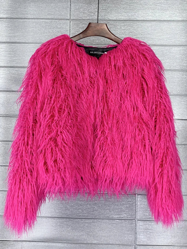 Colorful Boho Furry Faux Fur Coat Women Fur Coats Autumn Winter Pink White Shaggy Faux Fur Jacket Tops Festival Clothing