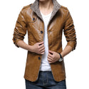 2023 Winter Warm Faux Leather Jacket Men Solid Long Sleeve PU Leather Coat Stand Collar Thick Slim Fit Men Jacket Trench Coats