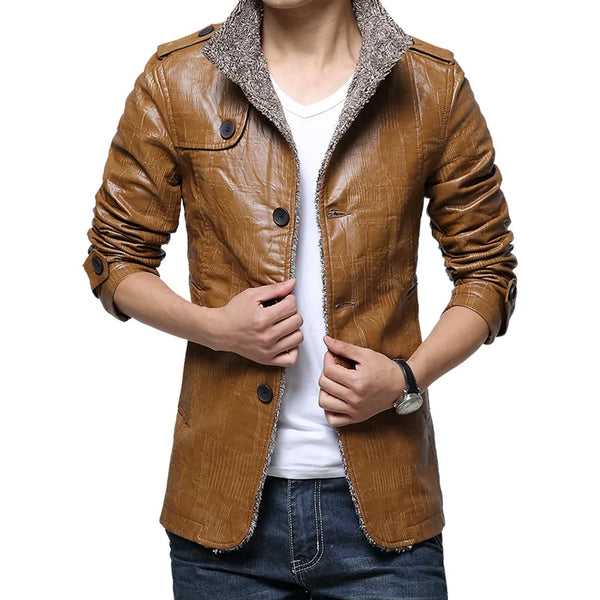 2023 Winter Warm Faux Leather Jacket Men Solid Long Sleeve PU Leather Coat Stand Collar Thick Slim Fit Men Jacket Trench Coats