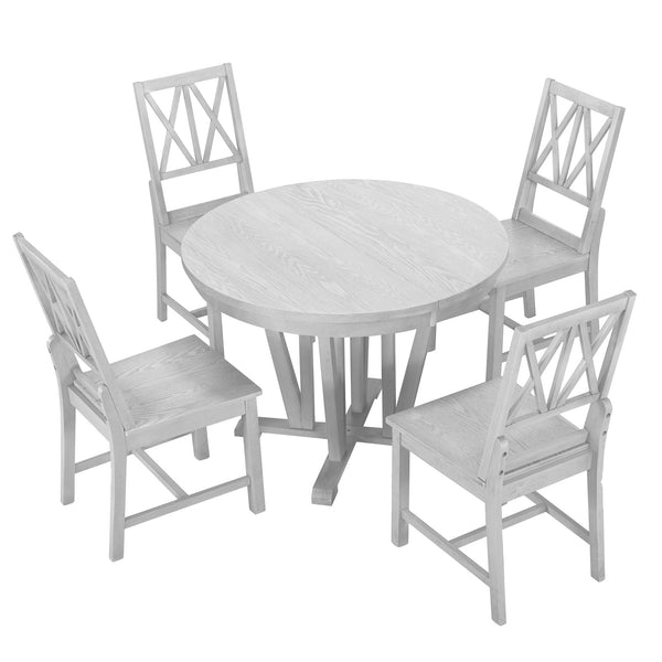 Rustic 5-Piece Extendable Dining Table Set Round Trestle Table and 4 Cross Back Dining Chairs for Kitchen, Dining Room,