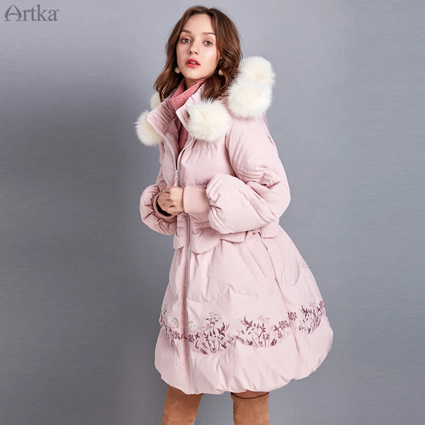 ARTKA 2019 Winter New Women Flower Embroidery 90% White Duck Down Coat Fox Fur Collar Hooded Thicken Long Down Coats ZK10698D