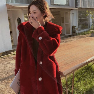 Buy red 2021 New Winter Women Faux Rabbit Fur Coat  Loose Long Fur Coat Large Size Hooded OverCoat Thick Warm Female Plush Coats