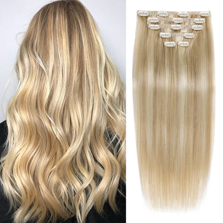 Buy p18-22 BHF Clip in Human Hair Extensions Remy Natural Hair Clip in Extensions Highlighted Golden Blonde Straight Human Hair Extensions