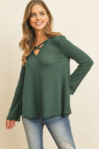 Buy hunter-green Criss Cross Neck Long Sleeve Hacci Top