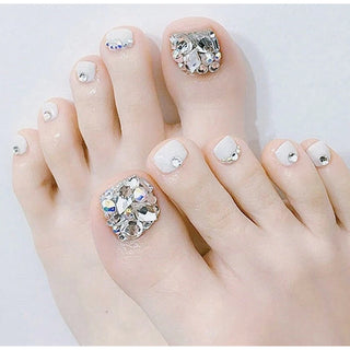 Buy style7 24pcs Blue Color Japanese Summer Wearable Foot Fake Nail Short Length Paillette Faux Rhinestone Decor Finished Press on Toenails