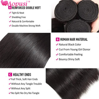 Aopusi Straight Hair Bundles With Frontal Human Hair Bundles With Frontal Brazilian Hair Weaving With 13X4 Lace Hair Extensions