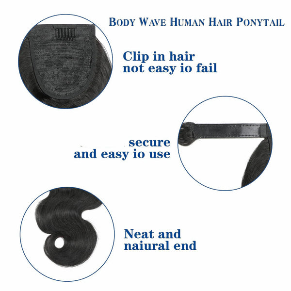 Body Wave Ponytail Extension Human Hair With Magic Paste Warp Around Brazilian 100% Human Hair for Women 1B Natural Color Virgin