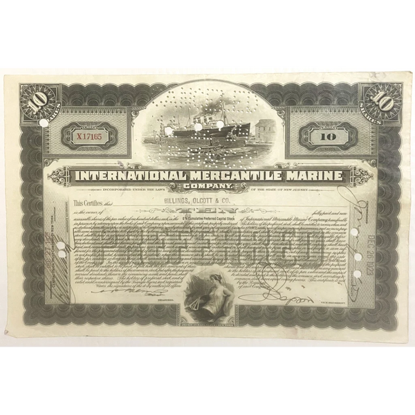 Antique 1910s - 1920s Titanic International Mercantile Marine Stock Certificate - Gray