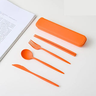 Buy orange 4Pcs Wheat Straw Dinnerware Set Portable Tableware Knife Fork Spoon Eco-Friendly Travel Cutlery Set Utensil Box Chopsticks Set