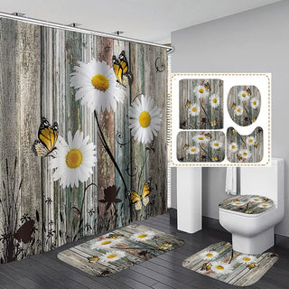 Buy b7 4 Pcs Shower Curtain Sets With 12 Hooks Flowers Floral With Non-Slip Rugs Toilet Lid Cover and Bath Mat Bathroom Decor Set