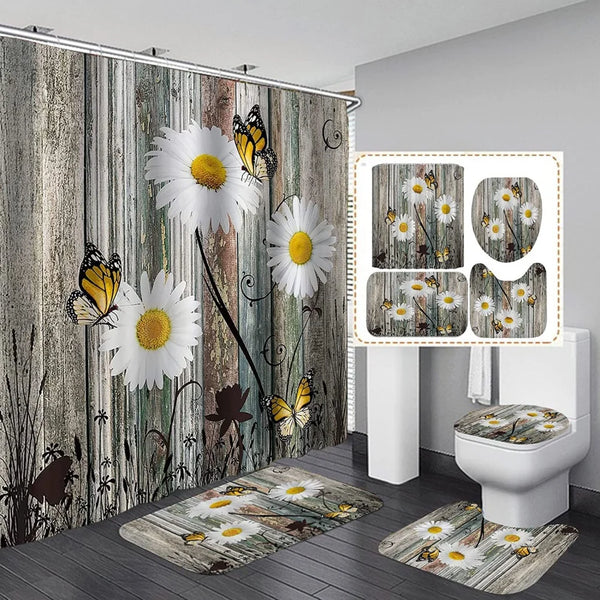 4 Pcs Shower Curtain Sets With 12 Hooks Flowers Floral With Non-Slip Rugs Toilet Lid Cover and Bath Mat Bathroom Decor Set