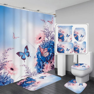 Buy b4 4 Pcs Shower Curtain Sets With 12 Hooks Flowers Floral With Non-Slip Rugs Toilet Lid Cover and Bath Mat Bathroom Decor Set