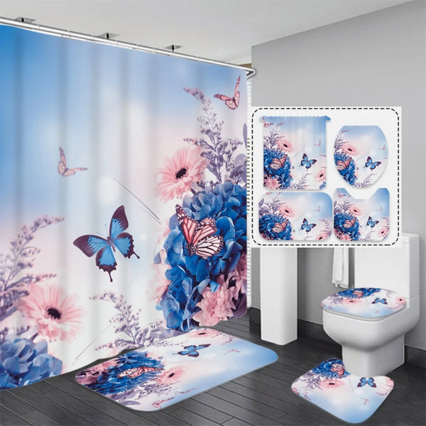 4 Pcs Shower Curtain Sets With 12 Hooks Flowers Floral With Non-Slip Rugs Toilet Lid Cover and Bath Mat Bathroom Decor Set