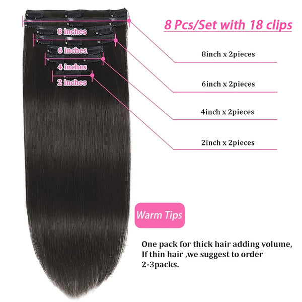 Clip in Hair Extensions Human Hair Brazilian Straight Seamless 100% Real Human Hair Natural Black Clip in Extensions 16-26 Inch